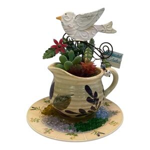 Coastal Eclectics Faux Succulent Planter Pitcher with Bird & Floral Plate Décor